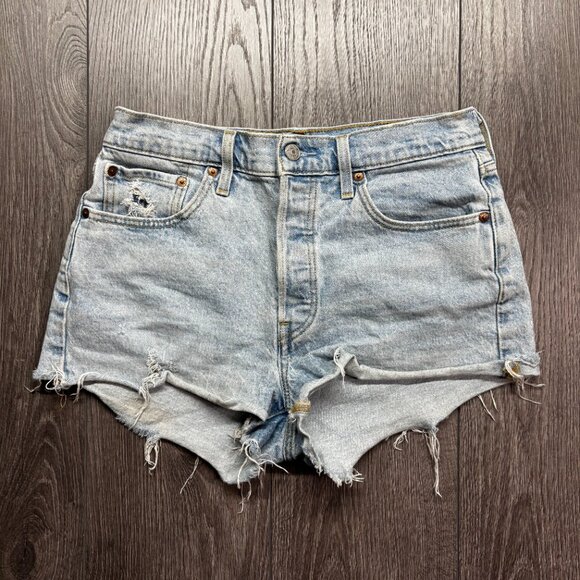 Levis 501 Blue Denim Jean Shorts 30 High Waisted - Picture 2 of 9